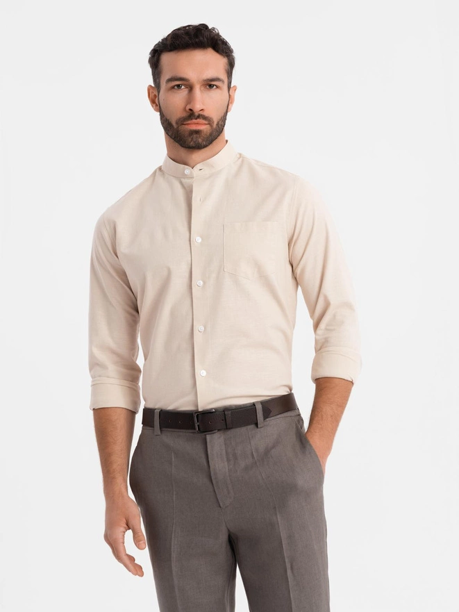 Koszula męska lniana ze stójką i kieszenią REGULAR FIT – kremowa V3 OM-SHCS-0161