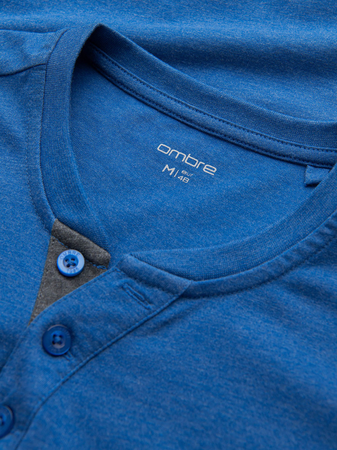 Men's t-shirt with round henley neckline - blue V2 OM-TSCT-0155