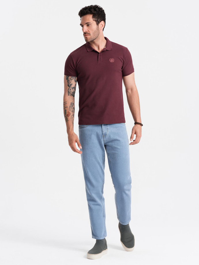 Męska jednokolorowa koszulka polo BASIC z dzianiny pique - bordowa V10 OM-POBS-0100