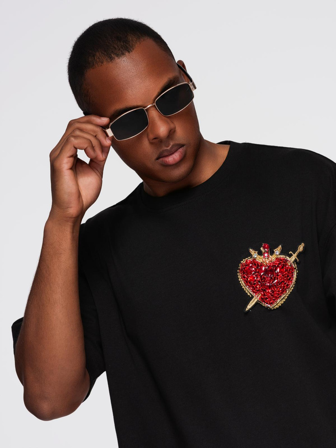 Men's cotton T-shirt with jewelry applique on chest - black V1 OM-TSCT-0290