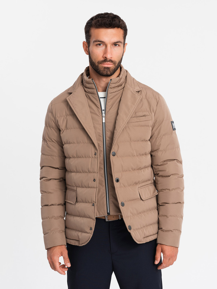 Men's quilted jacket with jacket cut - beige V5 OM-JALP-0188