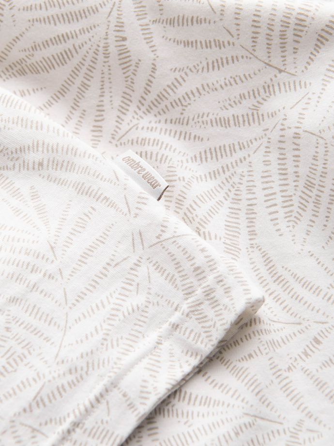 T-shirt męski fullprint w liście palmy - jasnobeżowy V1 OM-TSFP-0182