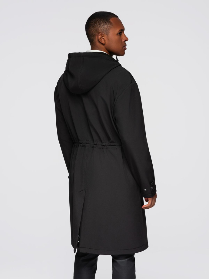 Parka męska płaszcz z podszewką polarową i regulacją w talii – czarna V2 OM-JAPJ-0314