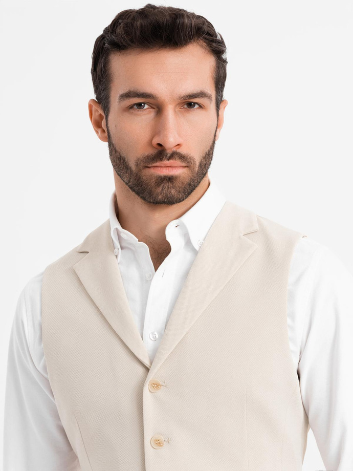 Fitted elegant men's vest with elastane and lapels - beige V2 OM-BLZV-0145