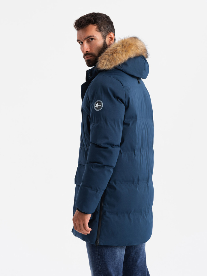 Men's long parka jacket with flared bottom - navy blue V5 OM-JALJ-0184