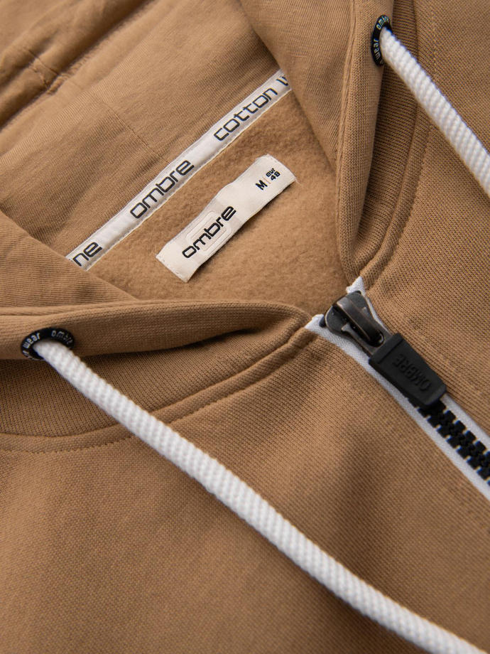 Bluza męska dresowa BASIC rozpinana z kapturem - brązowa V2 OM-SSBZ-0178
