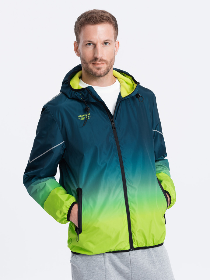 Men's sports jacket with reflectors - turquoise and lime green V1 OM-JANP-0105