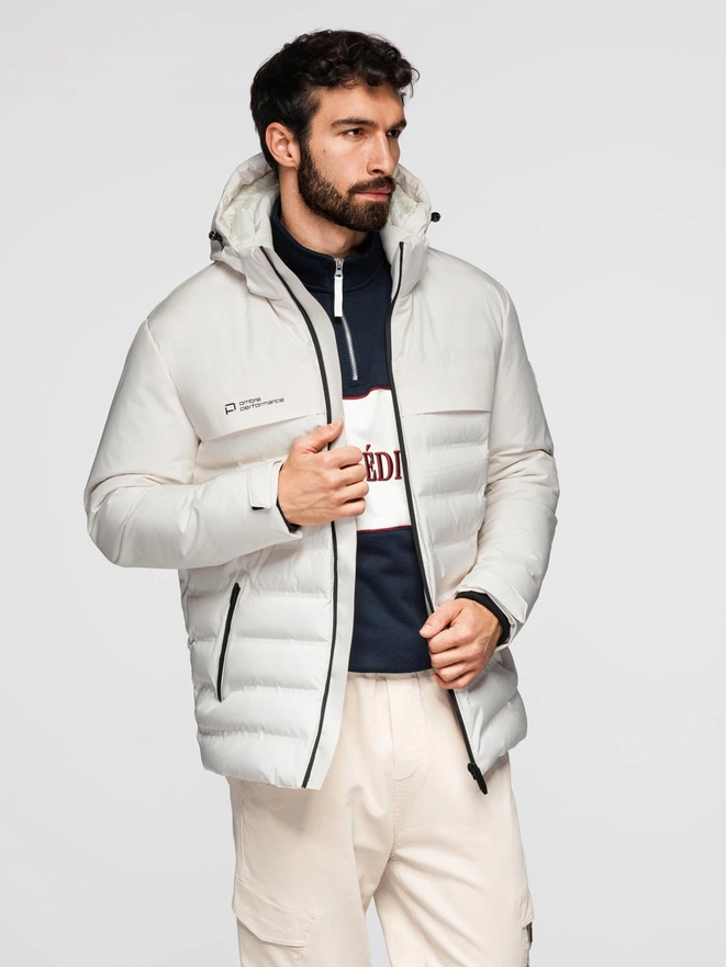 Men's winter jacket with detachable hood - cream V2 OM-JAHP-0150
