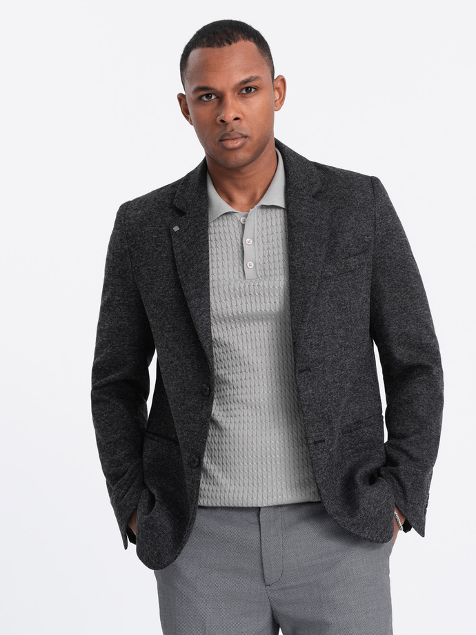 Men's casual blazer with decorative pin on lapel - graphite melange V2 OM-BLZB-0120