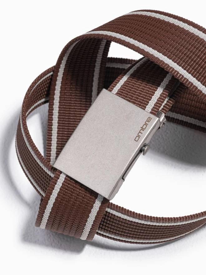 Two-tone men's parchment belt with horizontal stripes border - brown A820