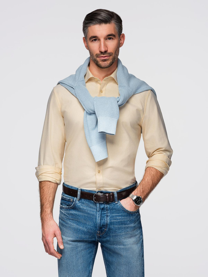 Pastelowa bawełniana męska koszula typu oxford – jasnożółta V3 OM-SHOS-0183