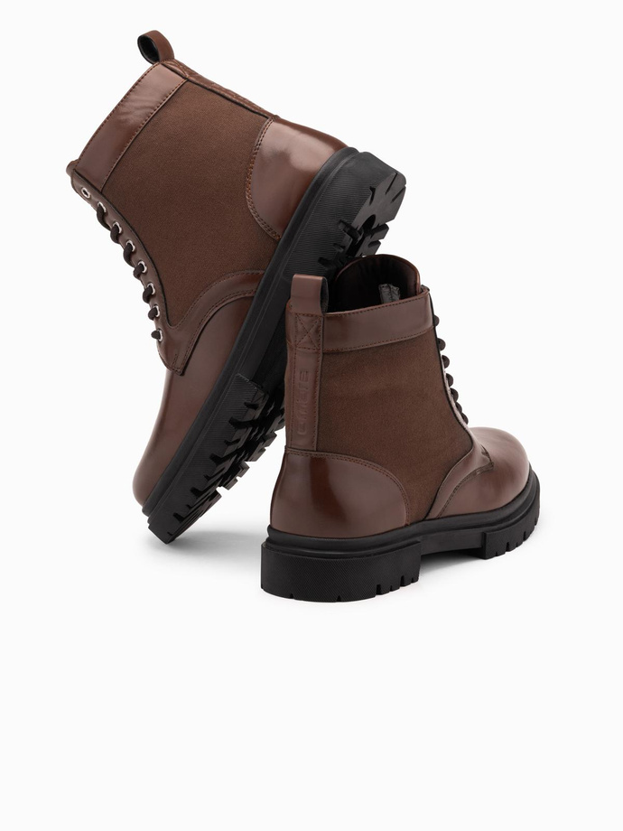 Męskie buty trapery z wysoką cholewką z łączonych materiałów – ciemnobrązowe V2 OM-FOBO-0174