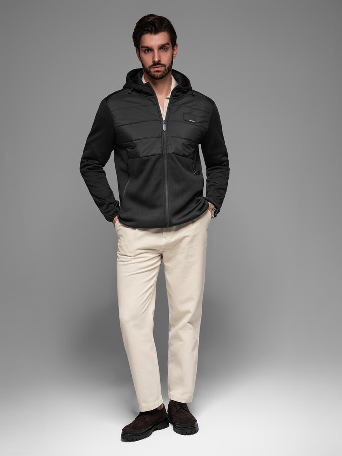 Kurtka lekka męska z łączonych materiałów z kapturem i ozdobnym pikowaniem – czarna V5 OM-JANP-0160