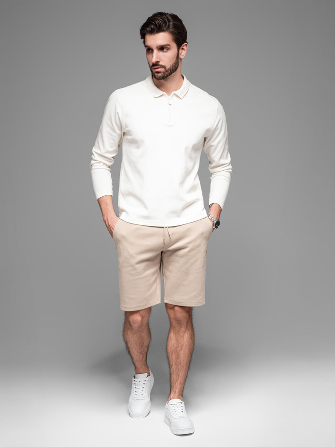 Casual men's SLIM FIT jacquard knit shorts - beige V2 OM-SRCS-0168