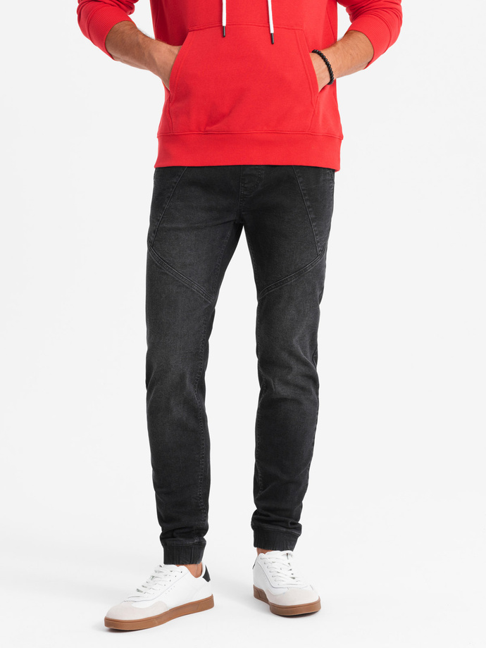 Men's denim joggers with asymmetrical stitching - black V3 OM-PADJ-0165