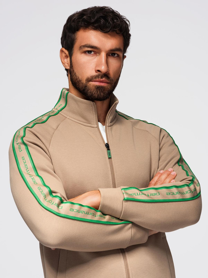 Men's unbuttoned sweatshirt with piping and high collar - brown V1 OM-SSZP-0224