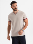 Men's T-shirt with contrasting inserts and v-neck - beige V2 OM-TSCT-0198
