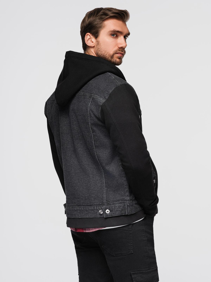 Men's denim jacket with knitted sleeves and hood - black V3 OM-JADJ-0220