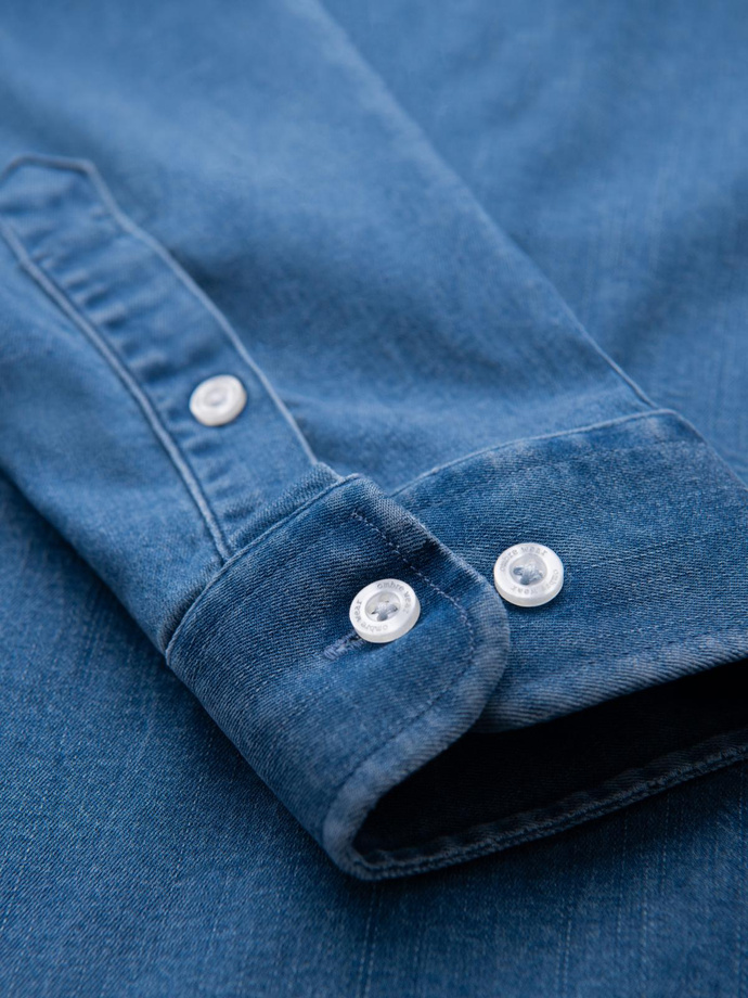 Men's denim shirt with lyocell and embroidery on the chest - blue V2 OM-SHDS-0180