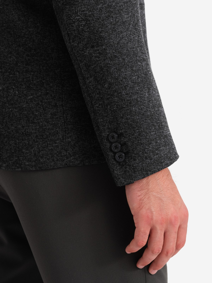 Męska marynarka casual z ozdobnym pinem na klapie - grafitowy melanż V2 OM-BLZB-0120