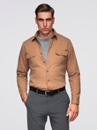Men's REGULAR FIT cotton shirt with buttoned pockets - camel V2 OM-SHCS-0146