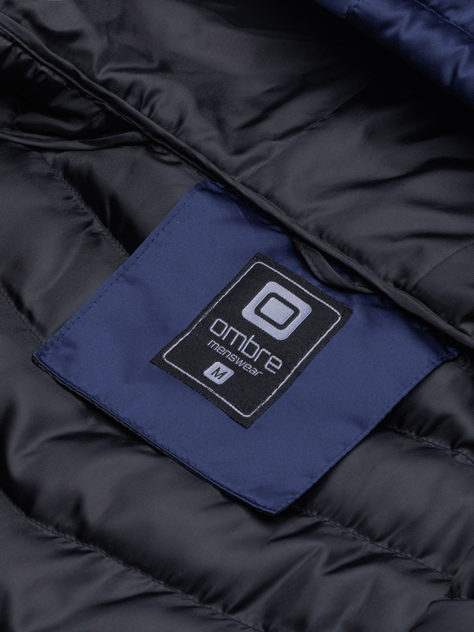 Men's quilted jacket with satin finish - dark blue V11 OM-JALP-0121