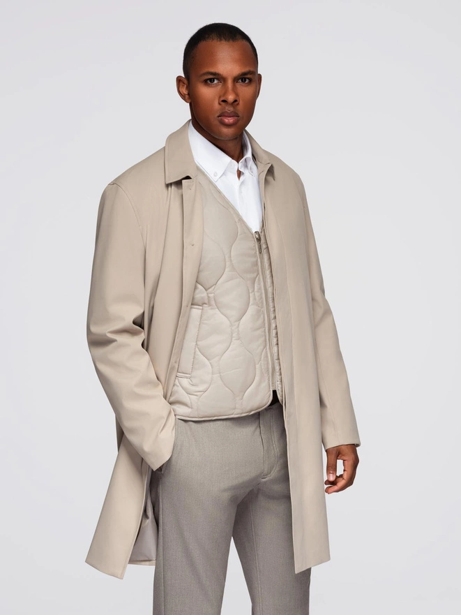 Men's minimalist coat with detachable vest - beige V1 OM-COLC-0139