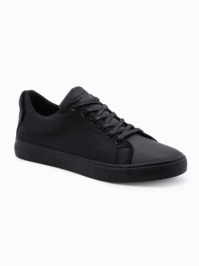 One-color casual men's sneakers with combined materials - black V1 OM-FOCS-0105