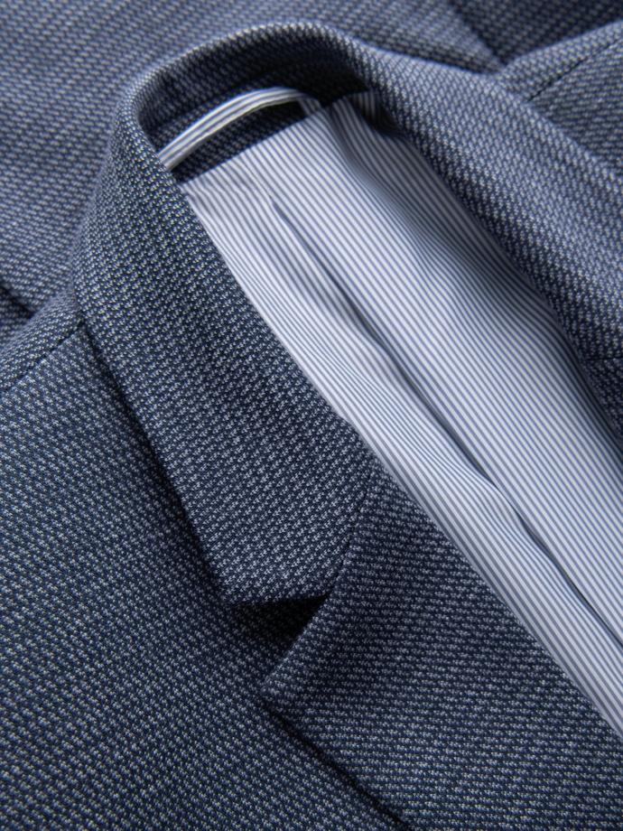 Dopasowana elegancka męska marynarka ze strukturalnej dzianiny – granatowa V1 OM-BLZB-0129