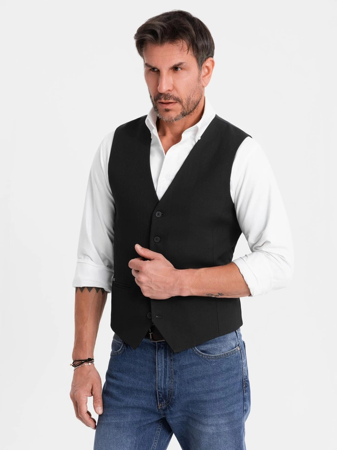 Elegancka męska kamizelka w jodełkę SLIM FIT  - czarna V3 OM-BLZV-0143