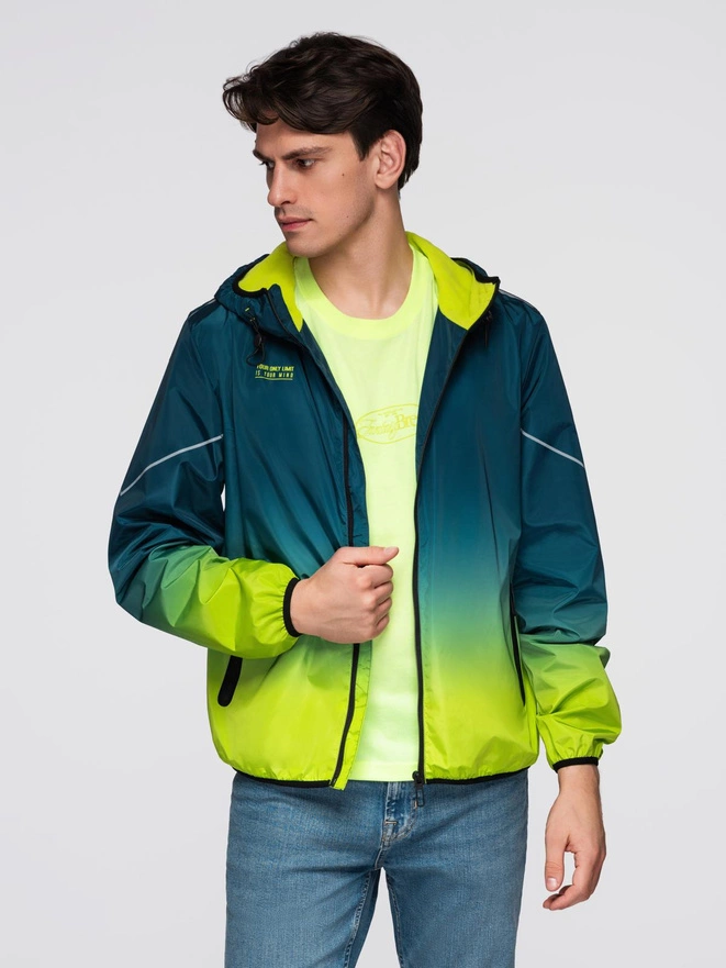 Men's ombre sports jacket with reflectors and fleece lining - turquoise and lime green V1 C641