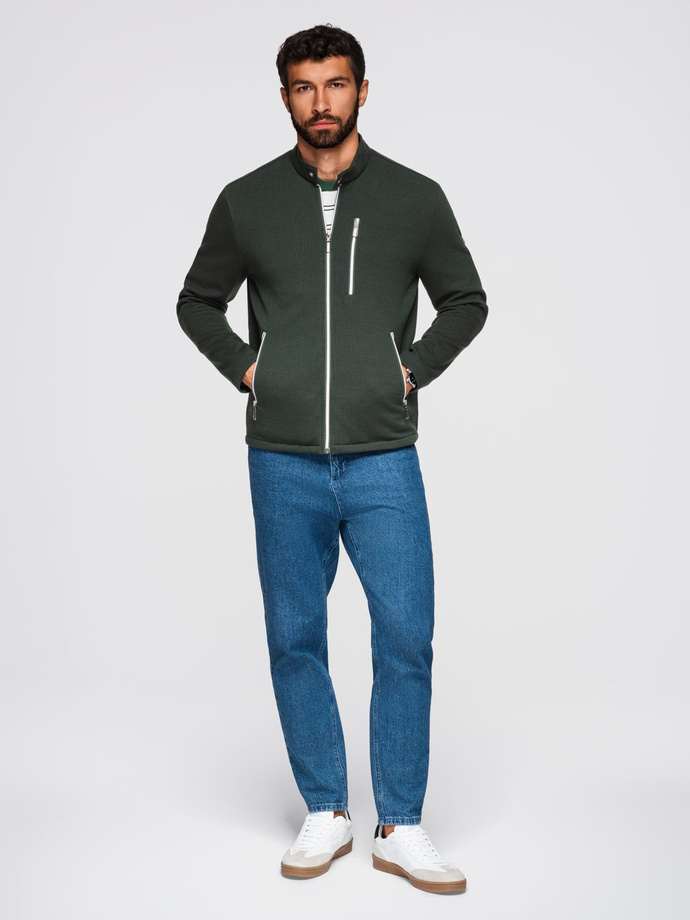 Strukturalna kurtka biker męska ze stójką  – ciemnozielona V3 OM-JANP-0229