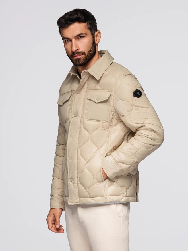 Men's quilted jacket in shirt cut - beige V1 OM-JALP-0215