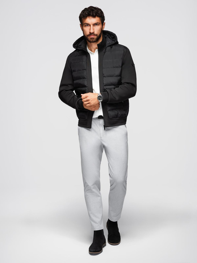 Quilted bomber jacket with hood and knitted sleeves - black V1 OM-JALP-0298