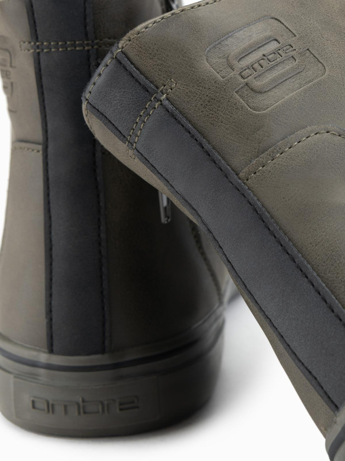 Men's high-top sneakers with matte texture and embossed logo - dark olive V2 OM-FOTH-0185