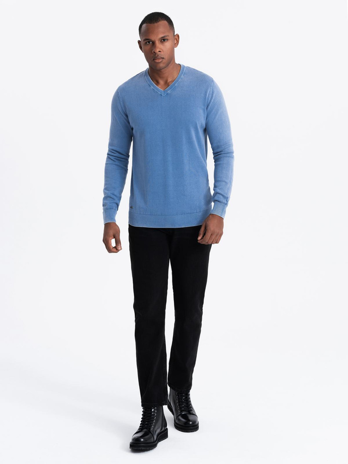 Men's wash sweater with v-neck - blue V4 OM-SWOS-0108