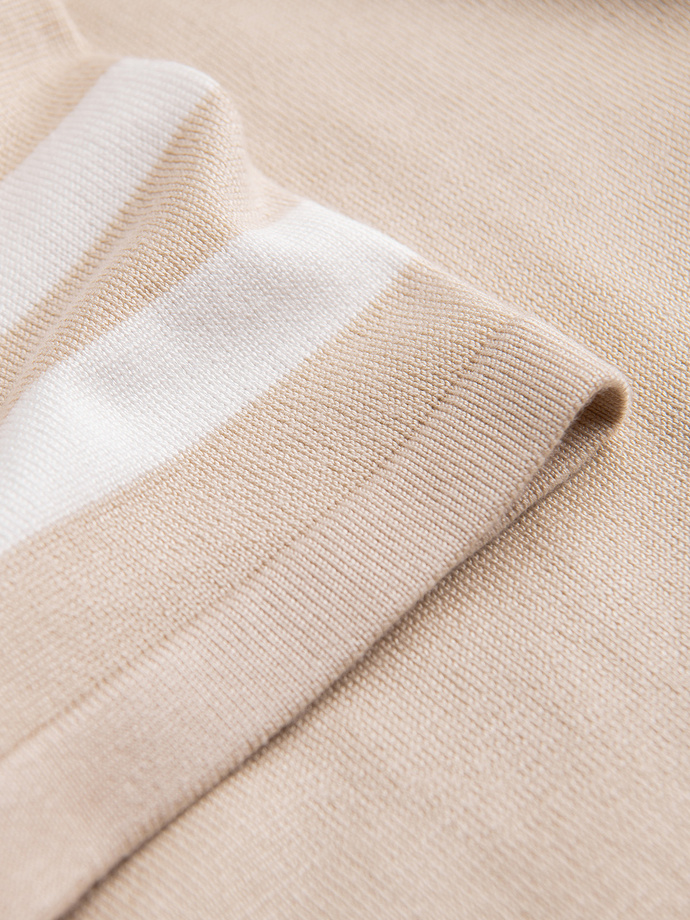 Męska koszulka polo z miękkiej dzianiny z kontrastowymi pasami - beżowa V4 OM-POSS-0118