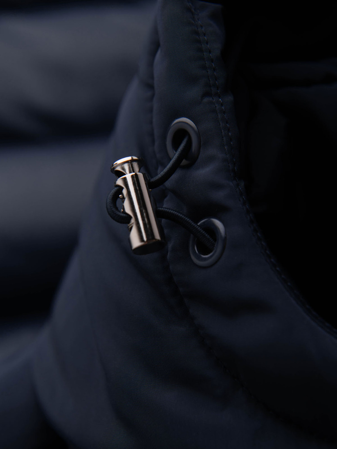 Men's quilted jacket with combined materials and hood - navy blue V3 OM-JALJ-0266