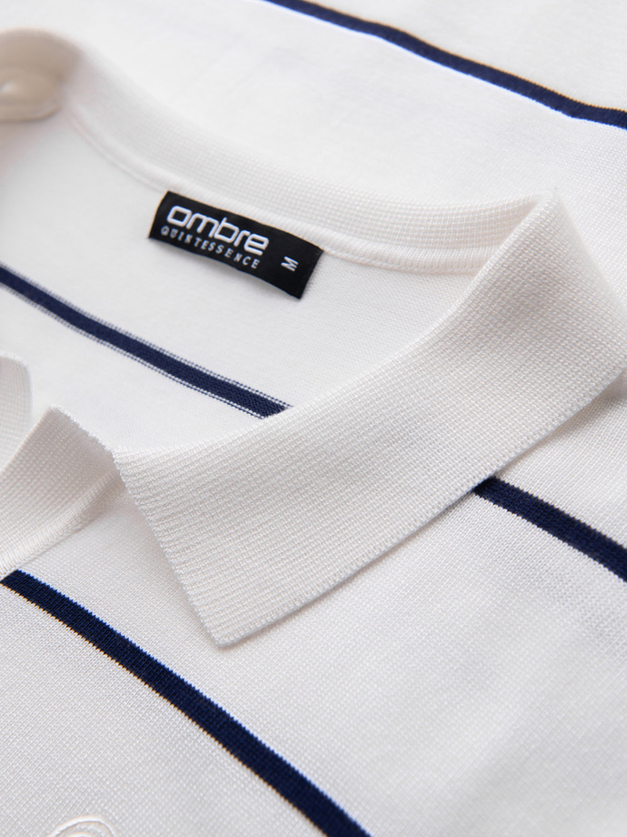 Męski longsleeve polo w poziome paski z wiskozą – biało-granatowy V2 OM-POLS-0146