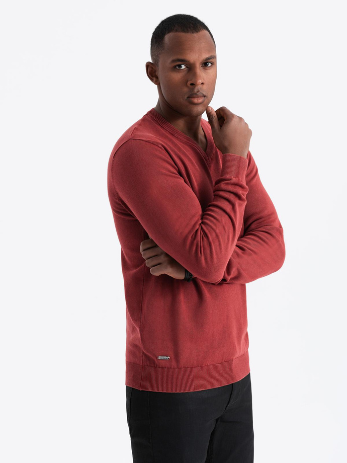 Men's wash sweater with v-neck - red V3 OM-SWOS-0108