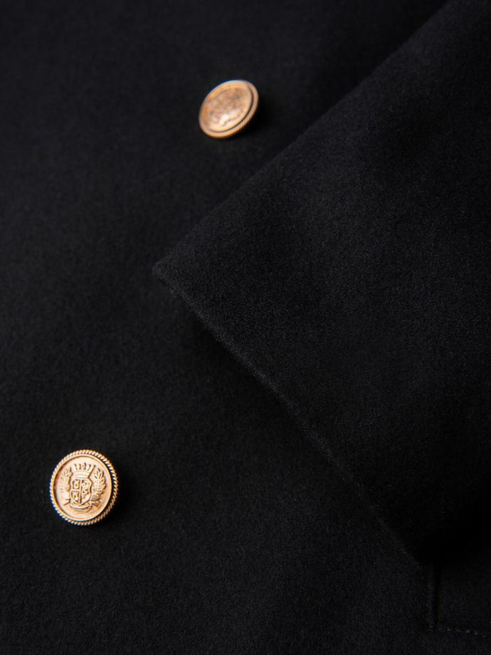 Elegancki militarny dwurzędowy płaszcz męski z wełną - czarny V1 OM-COWC-0145