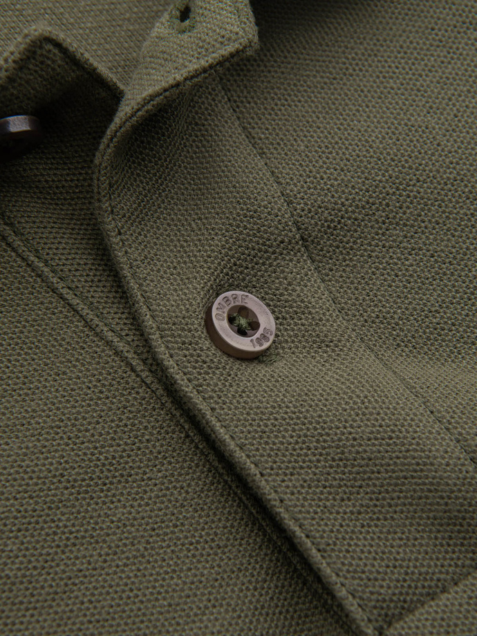 Męska jednokolorowa koszulka polo BASIC z dzianiny pique - ciemnooliwkowa V6 OM-POBS-0100