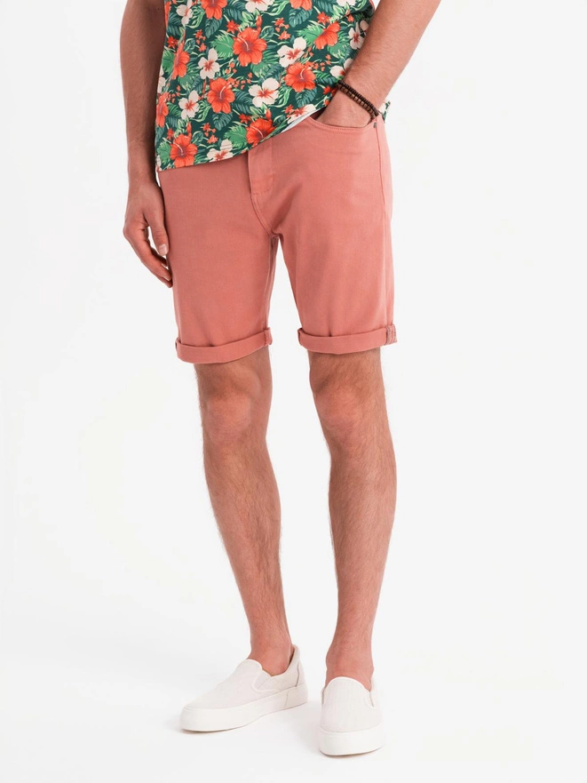 Men's denim classic shorts with rolled up leg - coral V6 OM-SRDS-0162