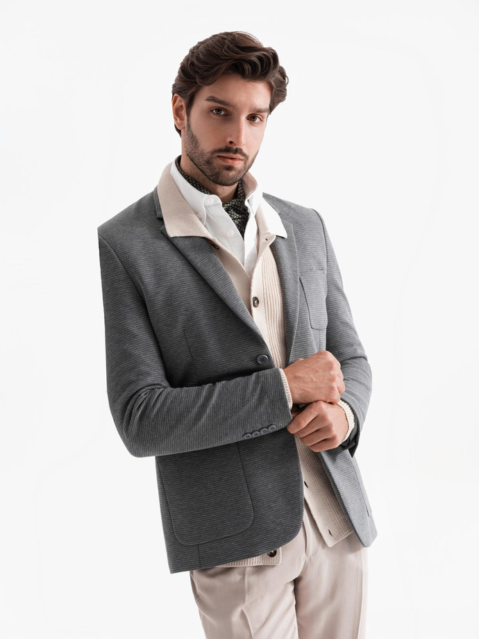 Elegant fitted men's structured knit blazer- graphite V3 OM-BLZB-0129