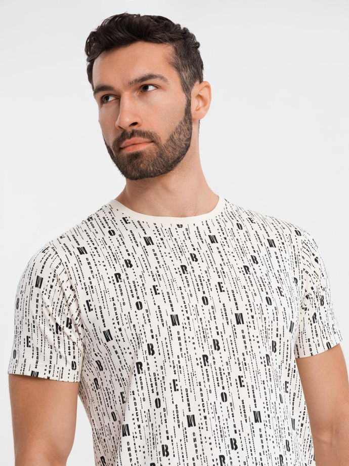 Koszulka bawełniana z nadrukiem i okrągłym dekoltem – kremowa V1 OM-TSFP-0225