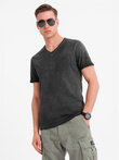 Men's cotton knit V-neck t-shirt with wash effect - black V6 OM-TSWT-0242