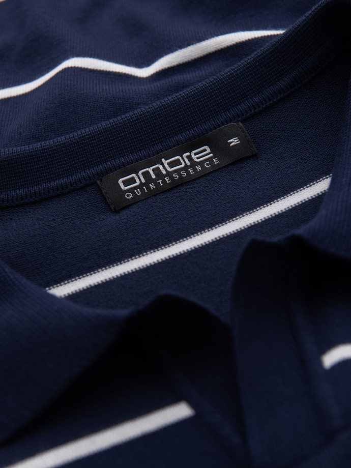 Męska koszulka polo w poziome paski z wiskozą – granatowo-biała V1 OM-POSS-0145