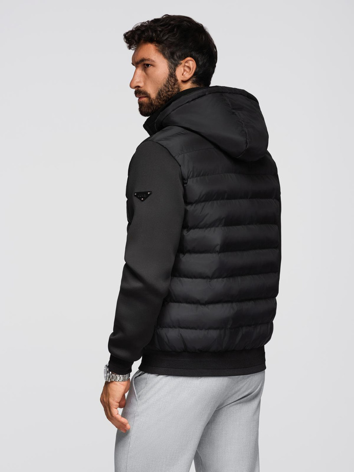 Quilted bomber jacket with hood and knitted sleeves - black V1 OM-JALP-0298