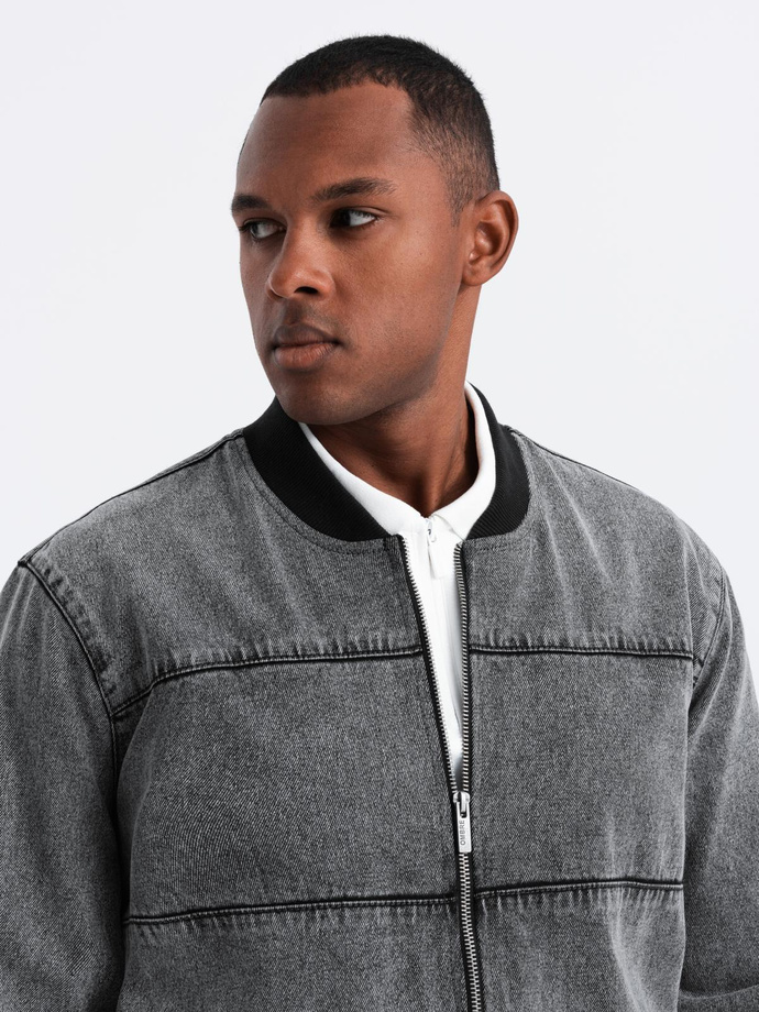 Men's denim bomber jacket with stone wash effect - grey V1 OM-JADJ-0163