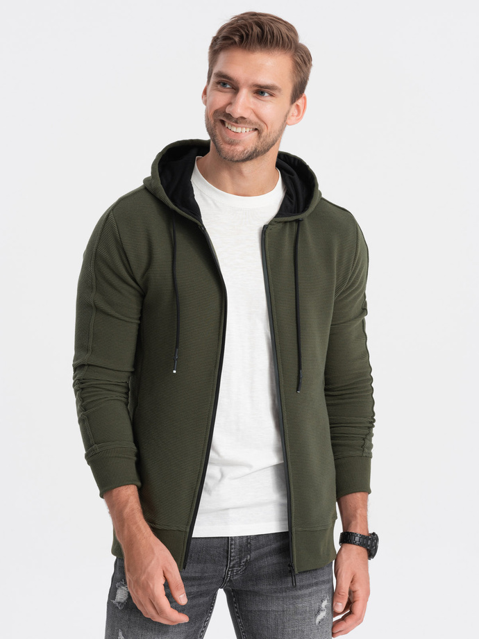 Men's unbuttoned hooded sweatshirt - dark olive V2 B1157